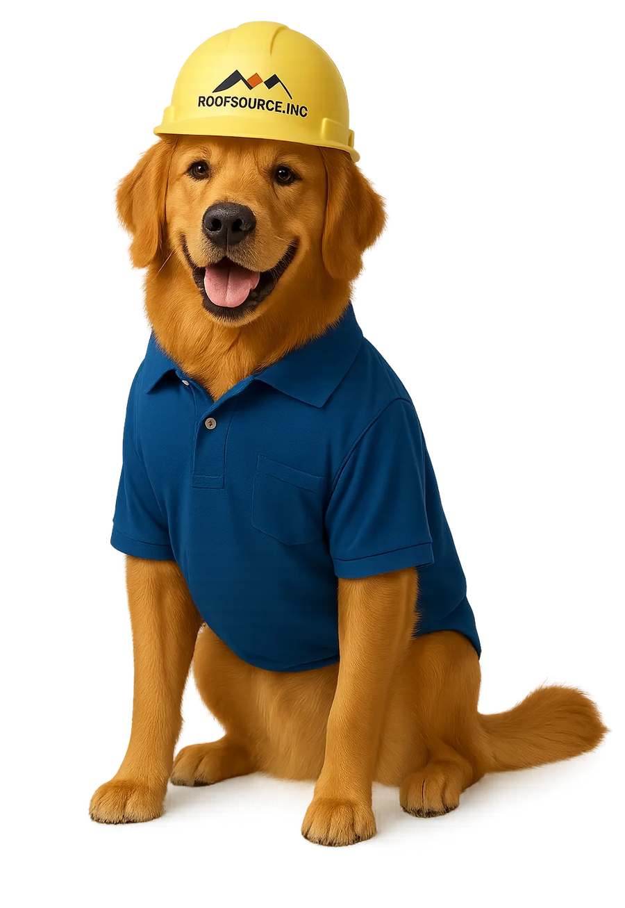 Archie, the RoofSource mascot, in his hard hat and company polo