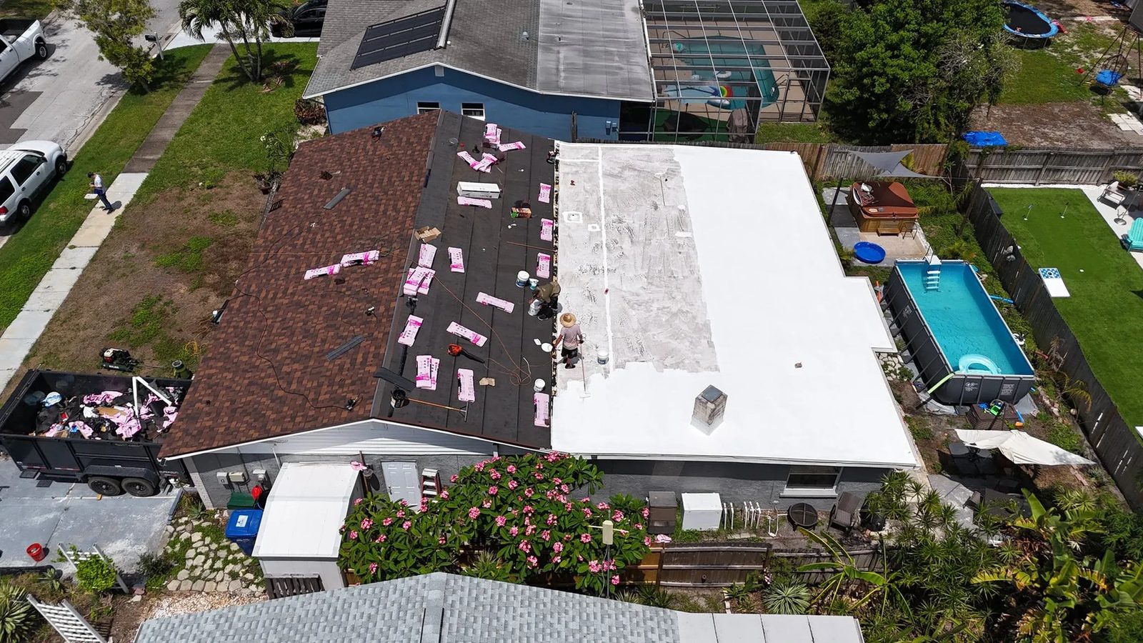Commercial TPO roof coating project, aerial view